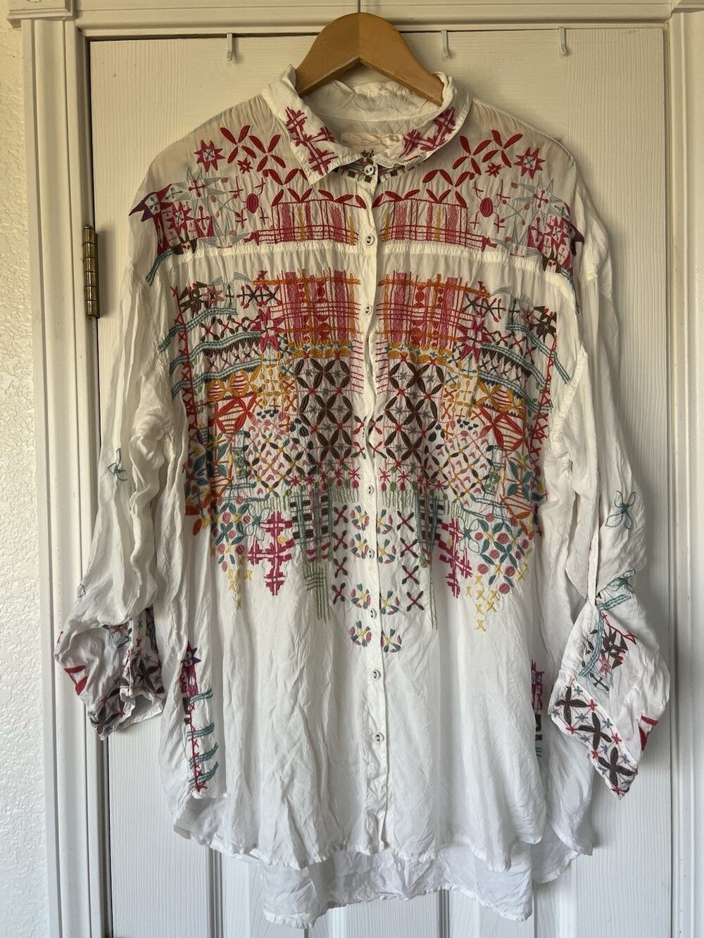 Johnny Was Boho Embroidered Blouse Tunic White Size XL